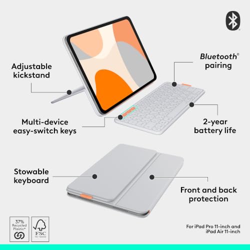 Image of Logitech Flip Folio Keyboard Case iPad Pro 11 inch M4 & M5 Air M2-Off-White