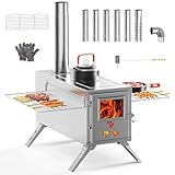 Upgraded Wood Stove, Hot Tent Stove Camping Portable Stainless Steel Wood Burning Stove with 7 Chimney Pipes for Wall Tent Camping, Hunting, Heating, Cooking, Ice Fishing, Boiling Water - Medium