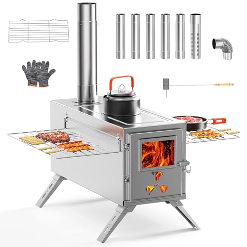 Comparison: Best 5Kw Wood Burning Stove Uk 10 Upgraded Wood Stove, Hot Tent Stove Camping Portable Stainless Steel Wood Burning Stove with 7 Chimney Pipes for Wall Tent Camping, Hunting, Heating, Cooking, Ice Fishing, Boiling Water - Medium