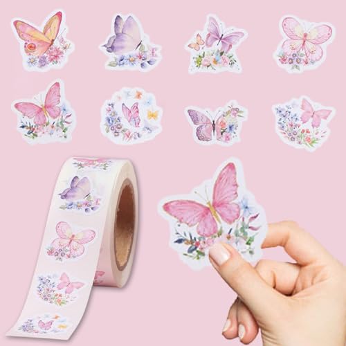 500 Sheets Butterfly Flower Stickers Roll 1 Inch Colorful Cute Butterflies Fun Summer Pink Butterfly Shape Seal Labels Gift Wrap Stickers for Kids Teens Scrapbook Envelopes