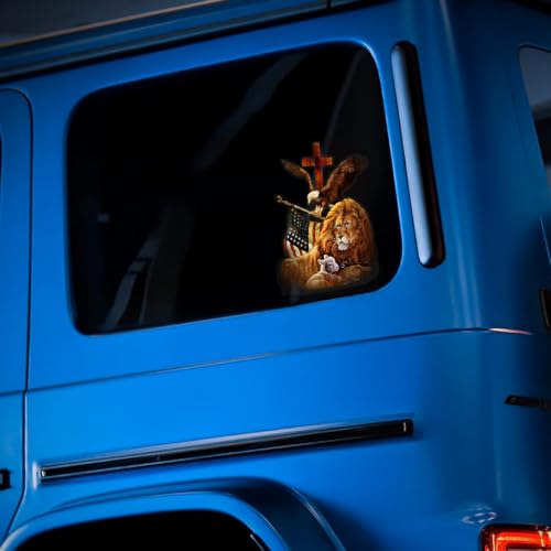 Image of Premium Lion Family Car Sticker with Jesus Cross & Eagle Holding American Flag - Durable & Waterproof Vinyl Decal for Car Window - Christian Gift for Jesus Believers - 9 x 6 Inches