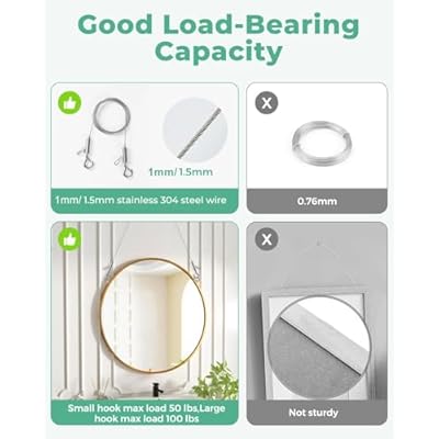 2PCS Adjustable Picture Hanging Wire 2m x 1.5mm Large Hooks, Picture Frame Wire Kit Heavy Duty 100lbs, Stainless Steel for Art, Mirror, Light Lamp, Billboards, Basket Flowerpot