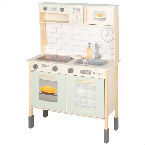 WOOMAX Cocina de Madera eléctrica, con luz y Sonido, Horno, Microondas, Fregadero, Armario y Accesorios, Cocinita de 30x68x102 cm, Juego simbólico e imaginación, Niños Desde 3 años (39073)