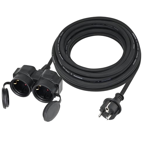 XUANSHI Verlängerungskabel Outdoor 3m mit 2 Schuko-Steckdosen, Doppel-Verlängerung Stromkabel für den Außenbereich IP44, H07RN-F 3G 1,5 mm² Gummi Kabel, 2-Fach Verteiler außen mit Schutzkappe 3500W