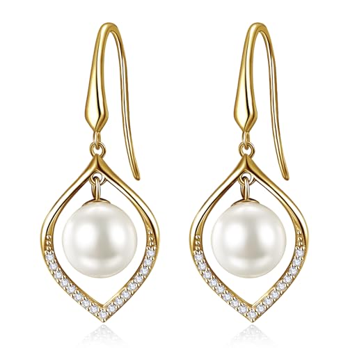 LOIPURI 14K Gold Plated Pearl Dangle Earrings for Women - 8mm White Teardrop With Cubic Zirconia, Fish Hook Design - Jewelry Gifts for Her Wife