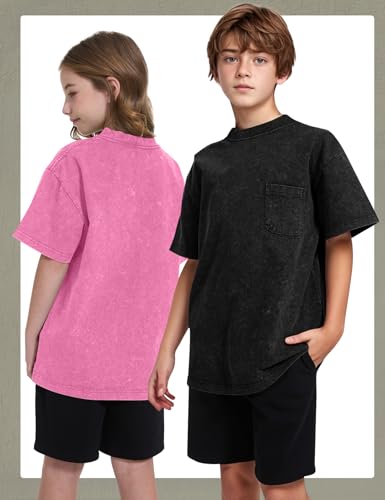 Image of COZYPOIN Unisex Kids Vintage Acid Wash Cotton Tees Crew Neck 3-16Y