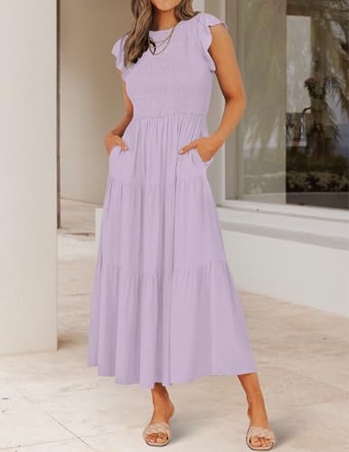 Image of ZESICA Women's 2026 Summer Casual Flutter Short Sleeve Smocked Midi Dress