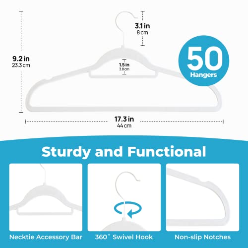 Fontaines Luxury White Velvet Felt Non Slip Clothes Hangers 50 Pack - Ultra Slim & Space Saving - Heavy Duty Swivel White Hook For Clothing, Suit, Top, Tie, Shirt, Skirt & Pant Organization #TOP2