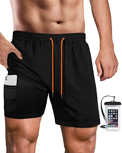 Fasker Mens Swim Trunks with Compression Liner 7" Inseam Quick Dry Bathing Suit Beach Shorts Swimming Trunks with Pockets, Black, XXL