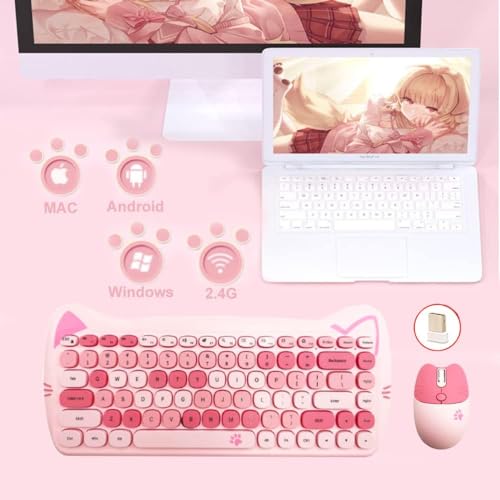 Wireless Mouse and Keyboard Set, Cute Cat Keyboard Mouse Combo for Present, 2.4G Cordless Computer Mice with USB Receiver for Laptop PC MAC (Cherry Blossom Pink) - Image 2