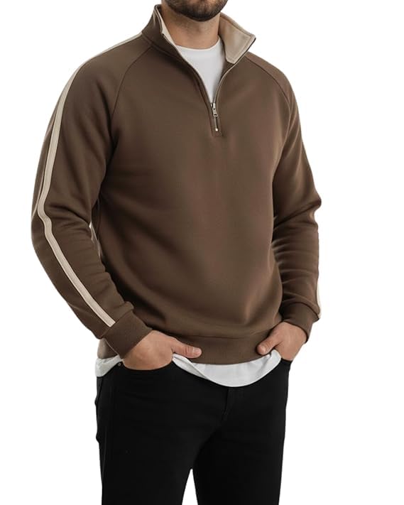 Image of Men's Quarter Zip Pullover Sweater with Contrast Stripe, Long Sleeve Athletic Casual Sweatshirt for Winter Wear, Black