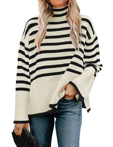 ZESICA Women's Winter Sweaters Casual Turtleneck Long Sleeve Striped Side Slit Loose Pullover Sweater Jumper Tops