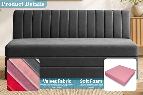 Image of 3-Seater Foldable Floor Sofa Bed with, Modern Velvet Fabric Folding Couch for Living Room, Guest Room & Small Spaces-Black