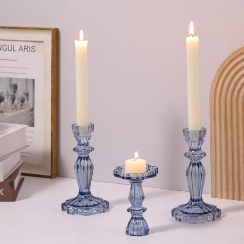 Simeitol Blue Candlestick Holders Set of 6, Taper Candle Holders, 4.3" H & 6.3" H Glass Candle Holder for Candlesticks & Pillar Candles, Candle Holder for Table Centerpieces and Wedding Decor