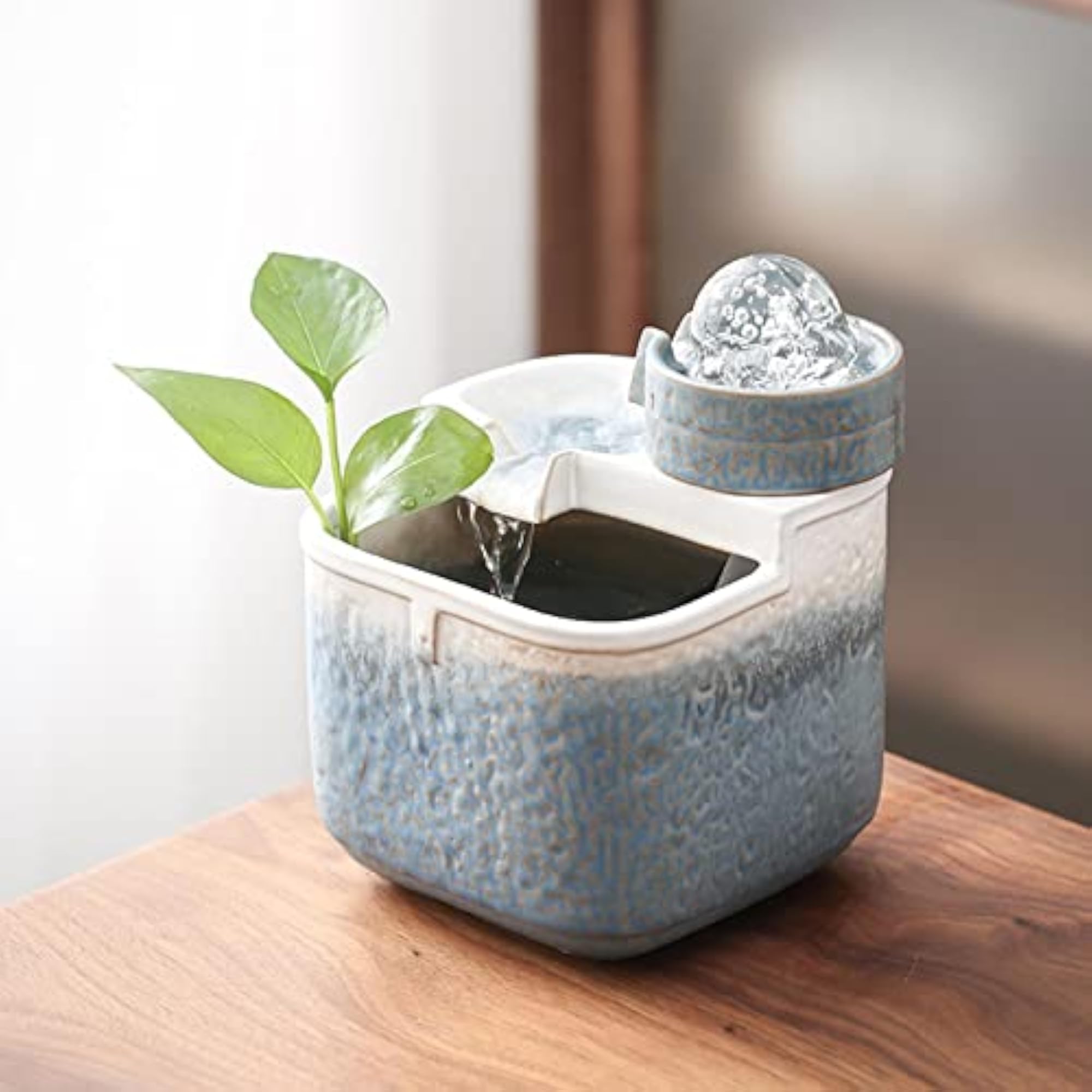 Tabletop Water Fountain Indoor Waterfall Feature with Rolling Ball Blue