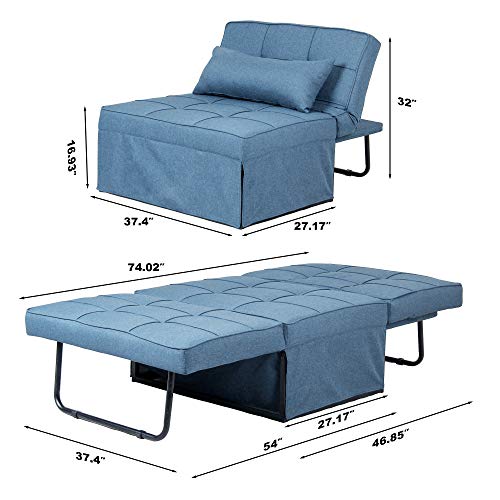 Saemoza 4 in 1 Multi Function Folding Ottoman Sleeper Couch Bed - Modern Convertible Chair with Adjustable Backrest for Living Room/Small Apartment - Light Blue