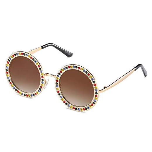 SOJOS Shining Oversized Round Rhinestone Sunglasses Festival Gem Sunnies SJ1095 with Gold Frame/Gradient Brown Lens with Colored Diamonds