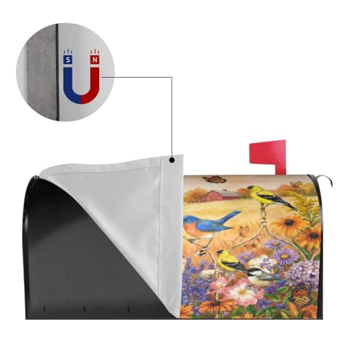 Image of Spring Rural Flowers Butterflies and Birds Mailbox Cover Magnetic Summer Floral and Bird Waterproof Mailbox Wraps Post Letter Box Decor 21x18 in