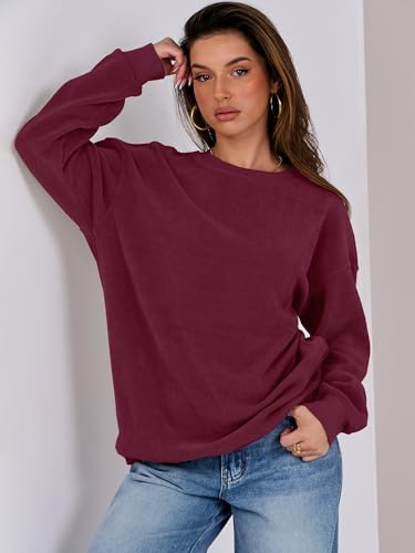 Caracilia Womens Oversized Sweatshirt Sweater Crewneck Long Sleeve Ribbed Corduroy Casual Pullover 2024 Fall Fashion Clothes Wine Red Small thumb #3