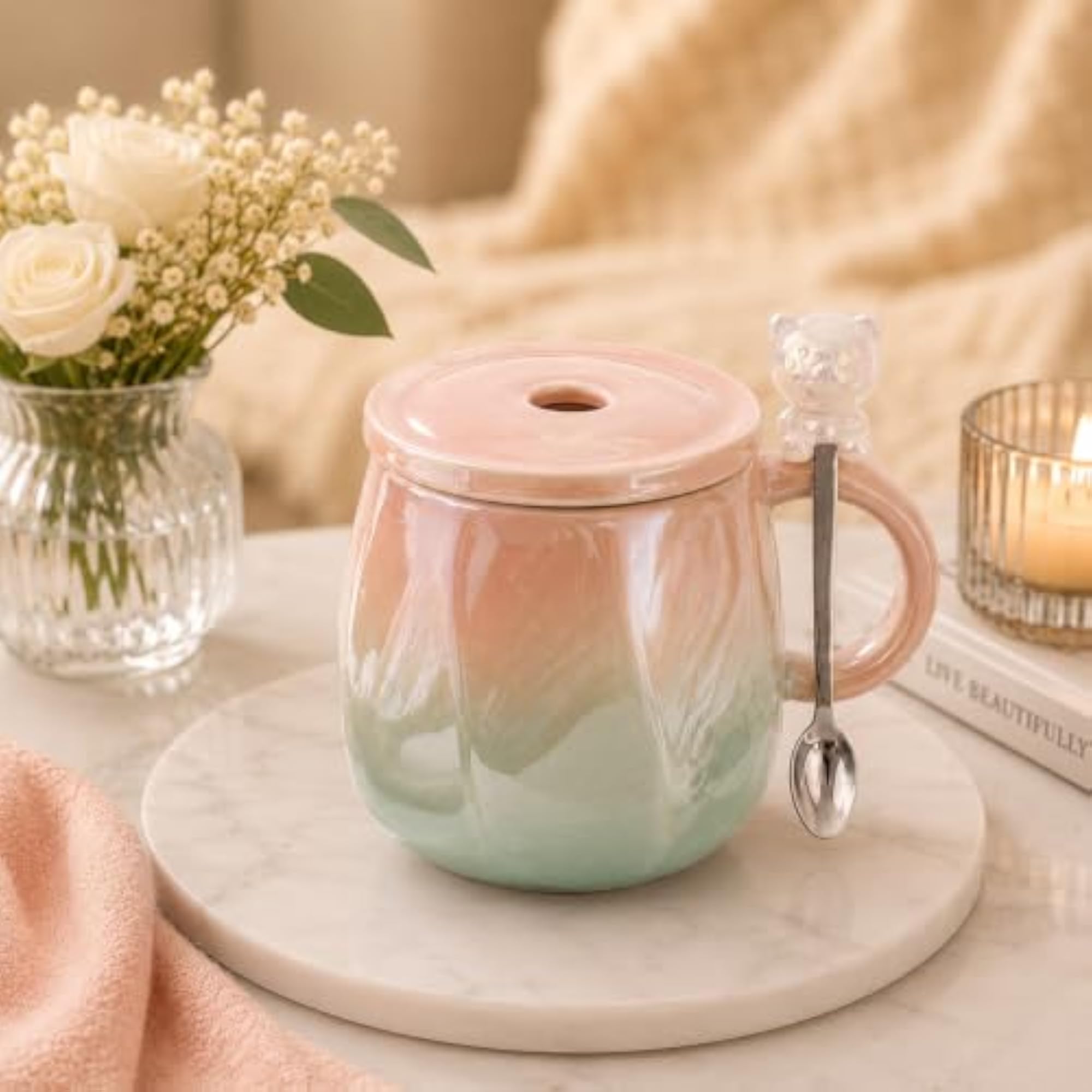 Ceramic Coffee Mug with Lid & Spoon, Gradient Design