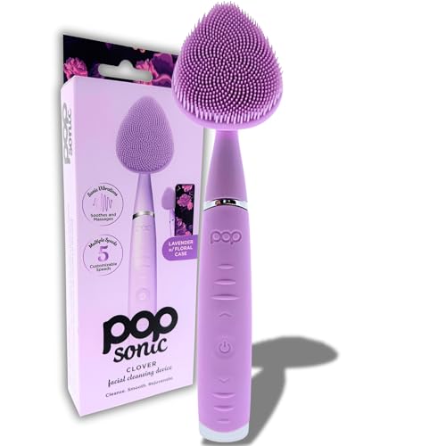 Pop Sonic Clover Facial Cleansing Device- Silicone Pore Cleaning Tool w/Case- 8000VPM, USB Charging Skin Care Tools for Face (Lavendar)