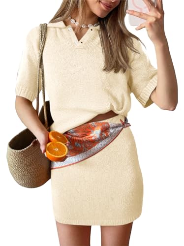 Image of Tankaneo Womens Skirt 2 Piece Sweater Sets Short Sleeve V Neck Knit Polo Shirts Mini Skirts Summer Beach Vacation Outfits