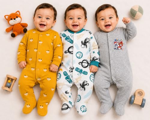 Image of EIO 100% Cotton Baby Rompers Sleepsuits Jumpsuits Night Suits for Newborn Baby Boys & Girls | Soft Infant Bodysuit | Pack of 3 Kids Rompers