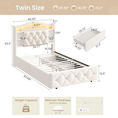 Image of DICTAC Twin Size Bed Frame for Kids with Storage Drawers, Bookcase Headboard, LED Lights and Power Outlets, Diamond Tufted Velvet Upholstered Princess Platform Bed, Heavy-Duty Metal Support, Beige