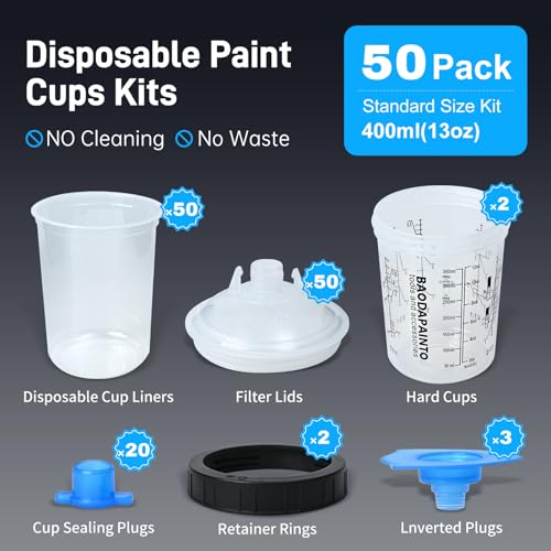 Image of Disposable Paint Cups for Spray Gun, Paint System for HVLP and LVLP Paint Spray Paint Gun, 13 Ounce (400ml) Kit with 50 Cups and Lids System, 2 Hard Cups with Retainer Ring, 20 Plugs, 3 Mixing Sticks