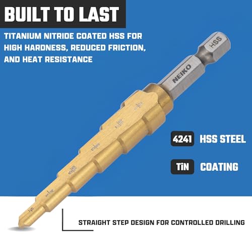 Image of NEIKO 10604A Step Drill Bit, 6 Steps 3 /16 inch to 1 /2 inch Straight High Speed Steel, Titanium Nitride Coated, 1 /4 inch Quick Change Step Bits for Steel, Metal, Wood, Plastic, Unibit Cone Drill Bits, Two Flute