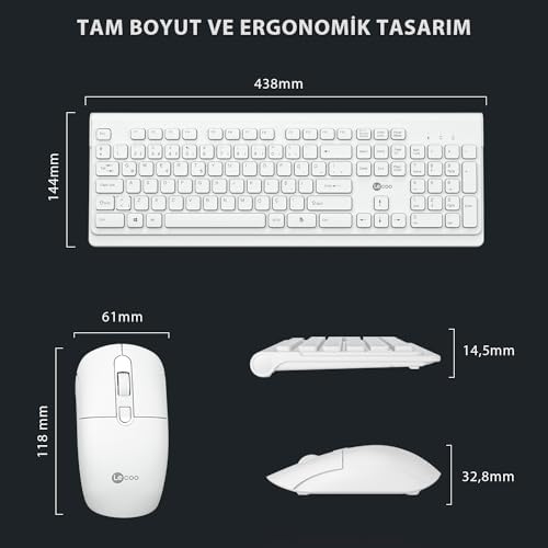 Lecoo KW203 Kablosuz Türkçe Q Klavye & Mouse Set - QWERTY Türkçe Dizilim Klavye, 1600DPI Optik Fare, Win/Mac Uyumlu, Sıvı Dökülmesine Dayanıklı, Tam Boyutlu Türkçe Q Klavye Mouse Seti Beyaz - Görsel 7