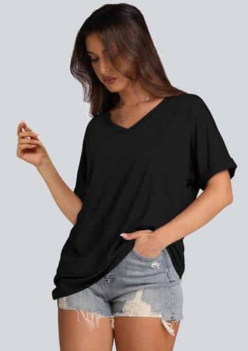 WIHOLL Womens Oversized Tshirts Summer Tops 2025 Short Sleeve V Neck Shirts Outfits Plus Size Clothes4