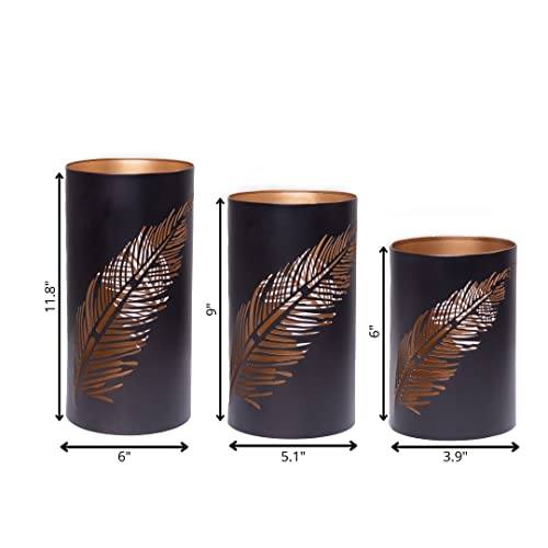 Metal Candle Holders Decorative Large Black Hurricane Pillar Candle Lantern Centerpiece. Tall Metal Design With Gold Leaf Cut Out Accent. Different Size Set Of 3 #TOP1