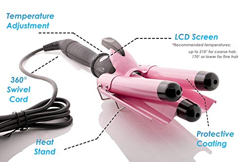 Alure 3 Barrel Hair Waver for Beachy/Frizz-Free Waves w/LCD Temperature Display - 1 Inch Ceramic Tourmaline Triple Barrels, Dual Voltage Crimping Tool - Thumbnail 4