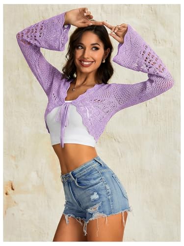 Image of OYOANGLE Women's Crochet Tie Front Sweater Cardigans Bell Sleeve Knitted Cropped Bolero Shrug Cardigan