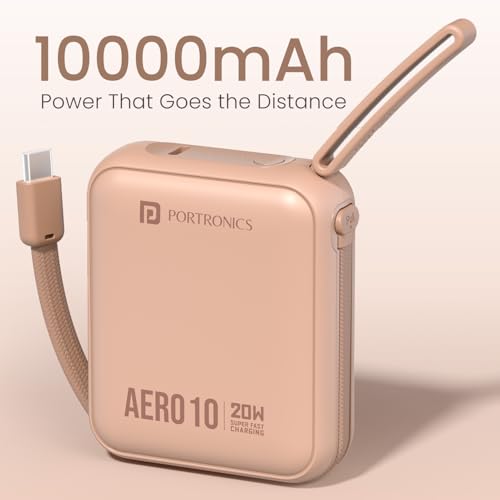 Image of Portronics Aero 10 10000 mAh 20W Fast Charging Mini Power Bank with Detachable Type C Cable, Type C PD Input /Output Port, LED Indicator, Wake Up Button, Strong Lanyard, Light Weight (Mocha)
