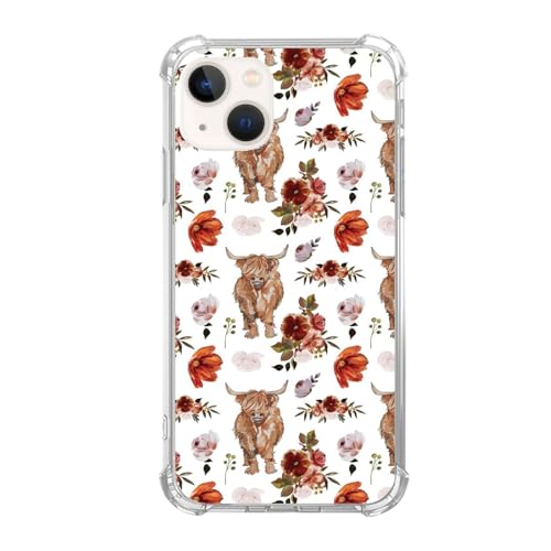 Qivtpjkrin Highland Cow Floral Phone Case for iPhone 15, Cute Highland Cow Pattern Cover for Girls Boys Women Men for iPhone 15, Unique Trendy TPU Bumper Cover Case