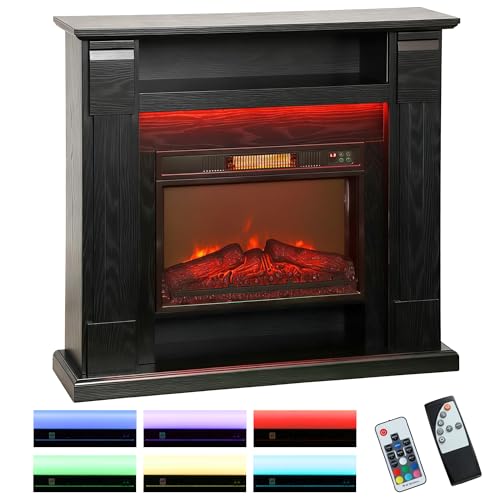 HOMCOM Camino Elettrico con Cornice Effetto Fiamma 3D Realistico 3 Modalità, 1800W Caminetto Elettrico da Incasso con Luce LED e Riscaldamento Regolabile, 2 Telecomandi, Termostato, Timer, Nero
