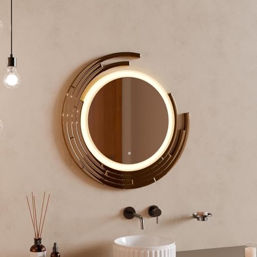 Image of BASSINO 3D Bathroom Mirror with LED Lights /Sensor Touch /3 Adjustable Colors /Dimmable Light /Vanity Mirrors /Round Washbasin Mirror with LED Lights /Smart Mirror for Bathroom Wall(Rose-Gold)