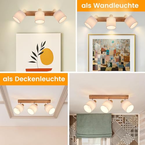 Glitzerlife Deckenlampe 3 Flammig Deckenstrahler Holz - LED Deckenleuchte Vintage Deckenspot E14 Boho Lampe Schwenkbar 350° Spot Retro für Schlafzimmer Küche Flur MAX.25W (ohne Leuchtmittel)