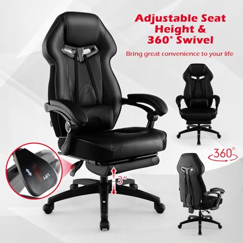 Giantex Gaming Chair with Footrest for Adults, Reclining Video Game Chair w/Lumbar Support, Racing Style Ergonomic Office Computer Chair, Height Adjustable Swivel Gamer Chair for Gaming (Black)