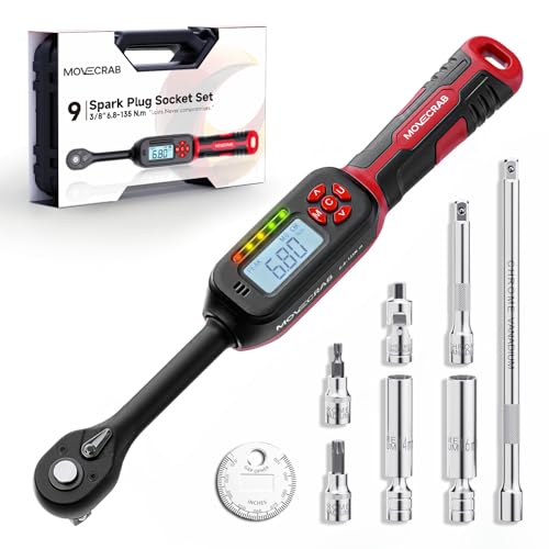 MOVECRAB 3/8 Digitaler Drehmomentschlüssel Set mit magnetischen Zündkerzensteckern (14/16mm) 6 8135 Nm Reifen-Drehmomentschlüssel 2% für Kfz Motorrad Instandhaltung