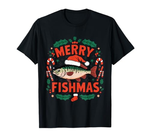 Frohe Weihnachten Fisch Mit Weihnachtsmütze Angler T-Shirt