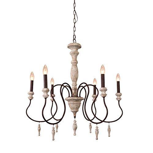 6-Light Farmhouse Wooden Chandelier With Drops, French Country Candle Wood Chandelier, Adjustable Chain #TOP2