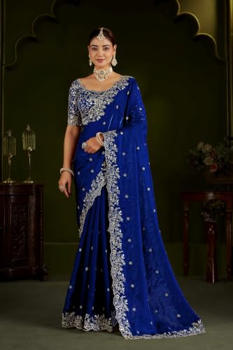Image of DESTY Saree with Intricate Gold Embroidered Border & Designer Blouse