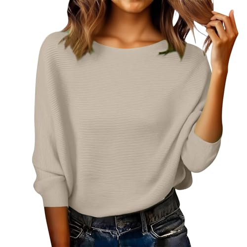Image of Knitted Jumpers for Women UK Batwing Sleeve Jumpers for Women Boat Neck Off Shoulder Dolman Loose Knitted Sweaters Ladies Casual Pullovers Tops Elegant Solid Color Long Sleeve Autumn Sweater Khaki