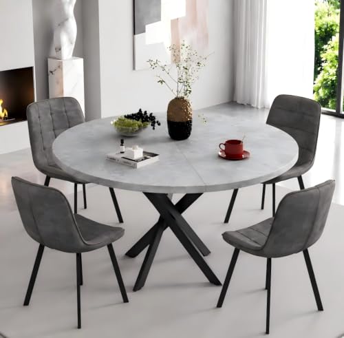 EROMMY Round Dining Table Set for 4, Modern Kitchen Table and Chairs with X-Shaped Table Legs & U-Shaped Thick Cushion, Wooden Dining Room Set for Dining Room Kitchen (Gray Table + 4 Gray Chairs)