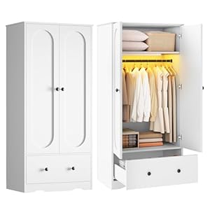 Armoire Wardrobe Closet with Light Strip, 70.9″ H Wooden Bedroom Armoire with 2 Doors, Drawer and Hanging Rail, Clothing Storage Cabinet for Bedroom, White