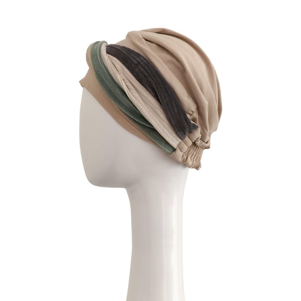 CAREBELL Turbante Elegance Velvet per chemioterapia. Tessuto in cotone. Alopecia e perdita di capelli, beige, Taglia unica