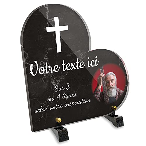 OCAP-FUNERAIRE.COM Plaque funéraire Coeur avec Photo Personnalisable en plexi Motif Croix Chrétienne, différentes Tailles, épaisseur 6mm, personnalisée sur Plusieurs Lignes 20x20 cm